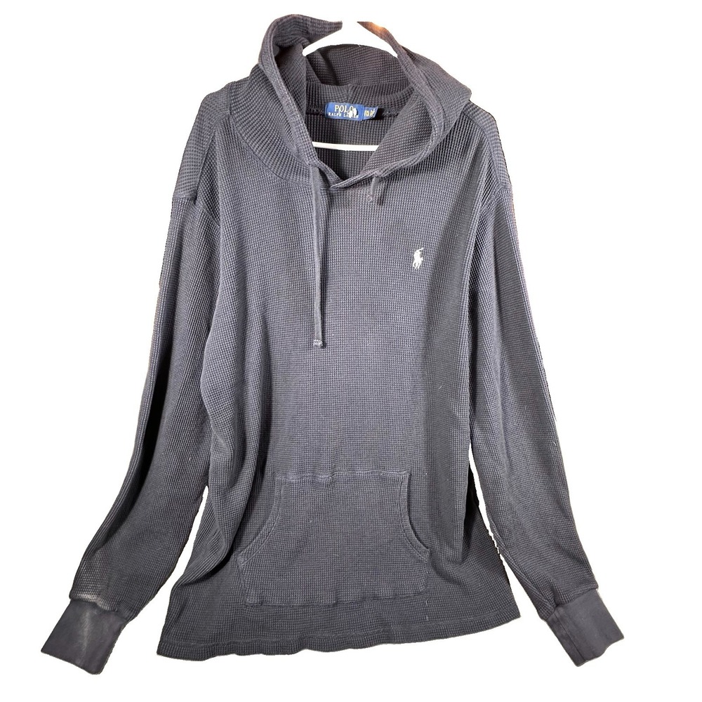 Polo Ralph Lauren Mens 2XL Navy Blue Waffle Knit Thermal Hoodie Raglan Sleeve